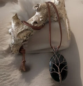 Black Onyx Tree Of Life Copper Wire Wrapped Gemstone Pendant Necklace-New - Picture 1 of 3