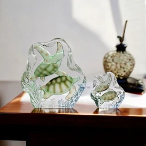 Pair of Art Glass Sea Turtle Figurines Paperweights – 6" & 3" Ocean Scene - Picture 1 of 7