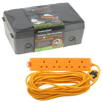 Weatherproof Outdoor Electric Box 4 Gang 10 Metre Extension Lead IP54 Powersonic - Image 1 of 4