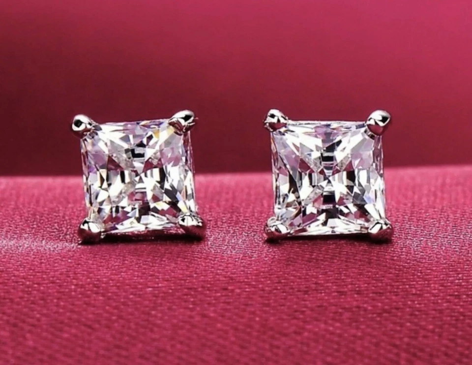 4 Ct Princess Cut VVS1/D Lab Created Stud Earrings 14K White Gold 7mm Push Back - Image 1 of 4