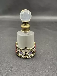 Satin Glass Perfume Bottle In metal Basket With Stones and Lead Crystal Stopper - Picture 1 of 7