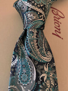 NWT BRIONI Silk Tie AquaGreen Gray Paisley Handmade In Italy $300