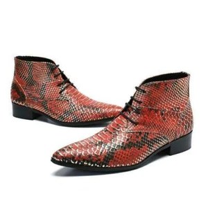 Men Leather Business snakeskin pattern Ankle Boot Low Block Heels Shoes Business - Picture 1 of 8