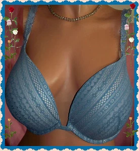 38DD Faded Blue Denim LACE Extreme Lift Victorias Secret Plunge PushUp UW Bra - Picture 1 of 8