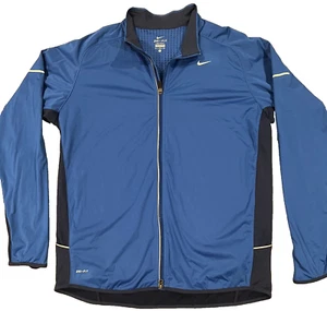 Nike Jacket Mens XL Blue Full Zip Dri Fit Swoosh Logo Running Reflector Strips - Picture 1 of 3