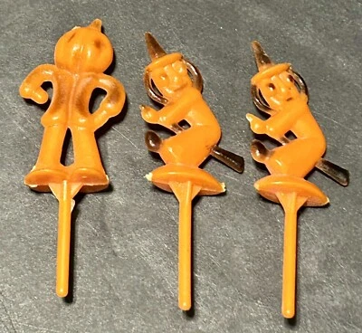 3 VINTAGE 1960s Festa de Halloween PICARETAS DE CUPCAKE Abóbora Espantalho Bruxas - Imagem 1 de 3