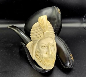 Vintage Meerschaum Block Hand-Carved Sultan Bearded Man Pipe, Stand, and Case - Picture 1 of 11
