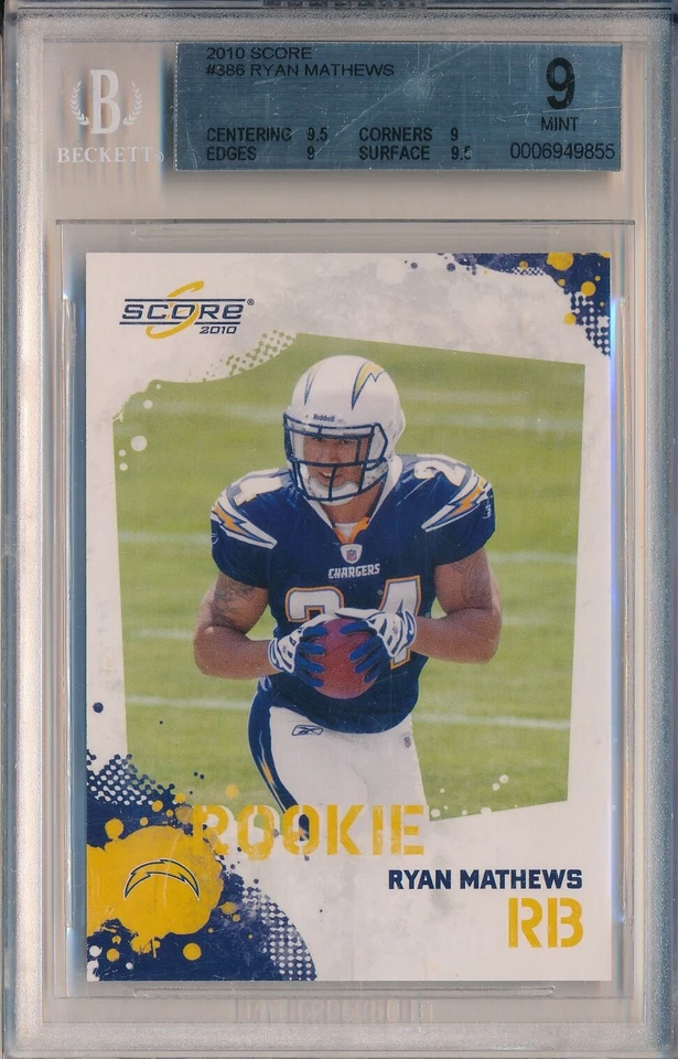 2010 SCORE #386 RYAN MATHEWS ROOKIE - BGS 9 MINT (SVSC) CENTERED! - Image 1 of 2