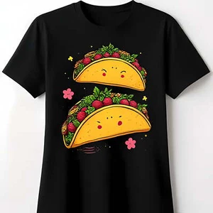 Fun Black T-Shirt with Happy Cartoon Graphic & Cute Pink Flowers - Picture 1 of 4