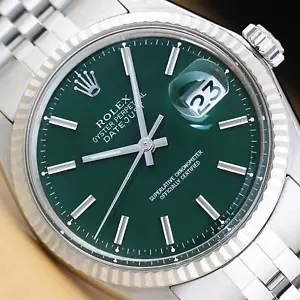 ROLEX MENS DATEJUST GREEN DIAL 18K WHITE GOLD STEEL WATCH w/ JUBILEE BAND - Picture 1 of 8