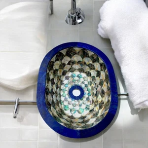 Lavabo con carcasa de abulón ovalado de 16"x13"x6" hecho a mano piedra lapislázuli lavabo de baño decorativo - Imagen 1 de 6