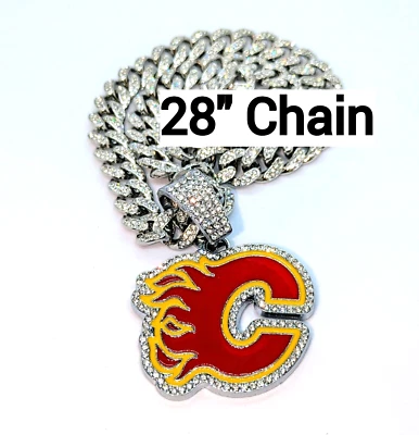 COLAR DE PEDRAS PRECIOSAS CALGARY FLAMES Prata Bling NHL Hóquei Hip Hop Pingente e Corrente 28" - Imagem 1 de 3
