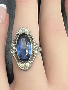 Antique Art Deco Sterling Silver Blue Glass Paste Rhinestone Ring Size 4.5 - Picture 1 of 7