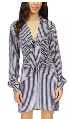 MICHAEL Michael Kors Stripe Tie Front Long Sleeve V-Neck Shirt Dress size 6 blue - Image 1 of 4