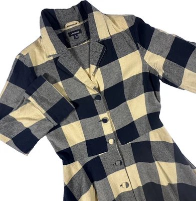 J Peterman Flannel Midi Shirt Dress Women's 8 Black Yellow Buffalo Plaid Buttons - Image 1 of 4