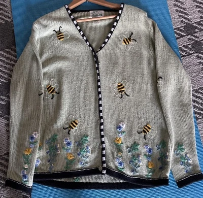 Vintage Quacker Factory Small Knit Cardigan Sweater Lgt Green Bumble Bee Cotton - Image 1 of 4