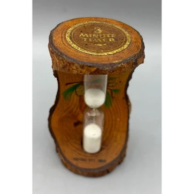 Vtg 3 Minute Timer Sand Hourglass Wood Bark Rustic Decor Souvenir - Image 1 of 4