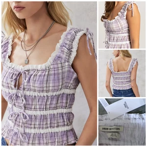 Urban Outfitter Cami Tank XS Crop Smocked Lace Nora Check Tie Milkmaid Boho Nwt - Picture 1 of 19