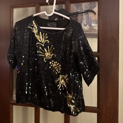 Blusa Top Camisa Noche Vintage Lentejuelas y Cuentas Negra Dorada Talla L Estimada Foto 1 de 2