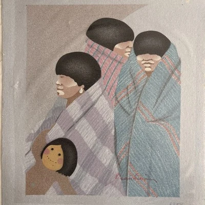 Airbrushed Canvas Art Native Blanket Figures Signed 13x11 80s Style - Image 1 of 4