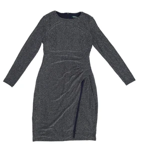 Abito donna Lauren Ralph Lauren 8 blu navy metallizzato manica lunga tubino increspato festa - Foto 1 di 9