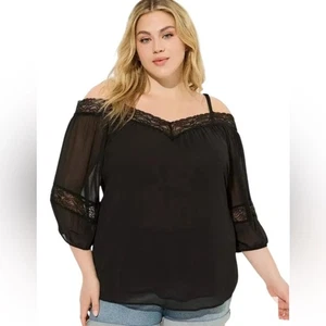 Torrid Chiffon Lace Trim 3/4 Sleeve Cold Shoulder Blouse Womens Size 1X Black - Picture 1 of 14