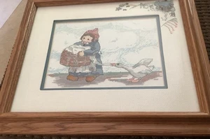 Decorazione quadro vintage 14x11,5" completa punto croce opaca ragazza oca incorniciata (28ia) - Foto 1 di 7