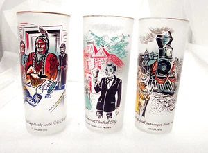 3 50er Jahre Colorado Centennial mattierte Kühlgläser Set Carson Zug Rinder Oper - Bild 1 von 4