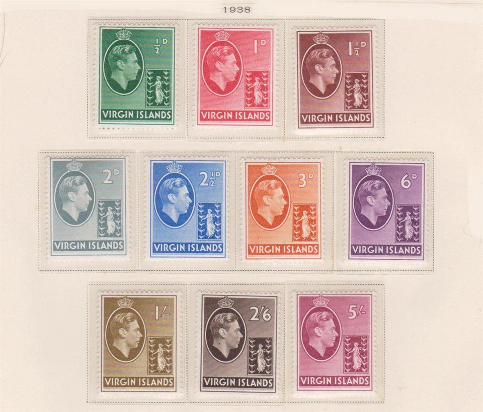 (F196-39) 1938 Virgin Islands set of 10stamps KGVI 1/2d to 5/- MH (AN) (MC25) - Изображение 1 из 1