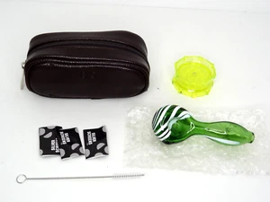 Tobacco Smoking Glass Pipe Cleaning Brush, Grinder & Case -Green/White Stripes - Picture 1 of 12
