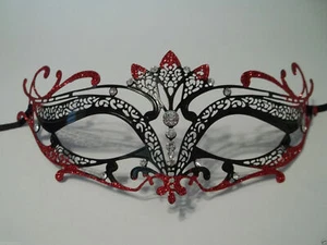 Black Red Crystal Tiara Laser Cut Venetian Mask Masquerade Prom Metal Filigree - Picture 1 of 5