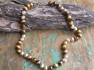 Collar vintage con cuentas de ojo de tigre natural oro amarillo 14 K cadena, 15", 22 gramos - Imagen 1 de 10