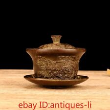 3.8"Chinese Antique Bronze Dragon and Phoenix Covered Bowl Tea Cup Tea Cups