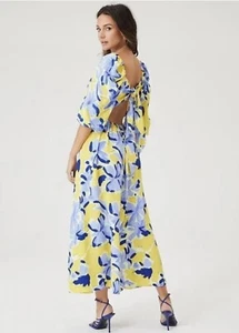 Michelle Keegan Dress Size 8 Yellow Blue Floral Print Tie Back Womens - Picture 1 of 4