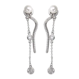 Silver 925 Rhodium Plated Dangling Earrings with CZ and Synthetic Pearl - Picture 1 of 1