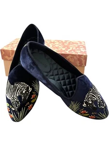 Birdies x Minted Emilie Simpson Heron Wild Zebra Blue Velvet Slipper Flat Size 6 - Picture 1 of 11