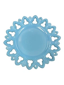 Turquoise Blue Milk Glass Plate "Club & Shell" Kemple Glass Open Lace Edge - Picture 1 of 8