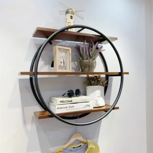 3 Tier Wall Hanging Storage Shelf Round Wooden Floating Shelves Geometric Decor - Picture 1 of 13
