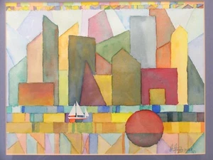 Signed J. Hopkins? Boston Skyline From The Charles River Watercolor Painting - Picture 1 of 3