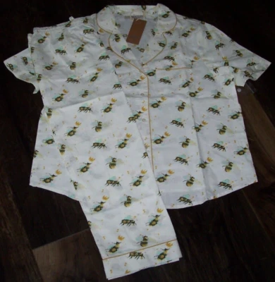 全新带标签 Their Nibs 白色/金色蜂王冠 100% 棉卡普里睡衣/休息室套装 M — 第 1/4 张图片