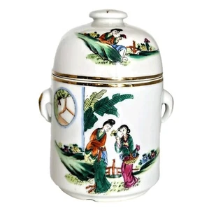 Famille Rose dipinto a mano vintage cinese Tea Caddy Repubblica scene epoca 7" - Foto 1 di 12