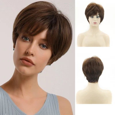 Women's Blonde Short Wigs With Bangs pre plucked Lace Front 100%Human Hair Wigs - Image 1 of 4
