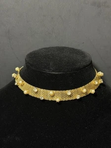 Vintage Gold Tone Rhinestone Faux Pearl Mesh Choker - Picture 1 of 24