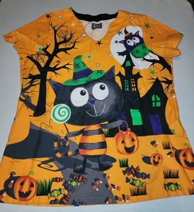 Buttersoft Halloween Scrub Top L Spooky Black Cat & Owl Scrubs Medical Nurse - Picture 1 of 5