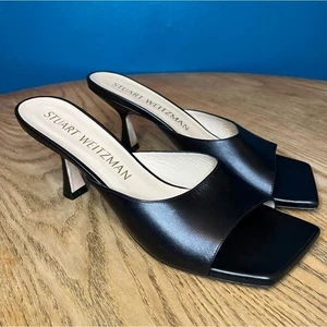 Stuart Weitzman Tia Black Calfskin Leather Mule Kitten Heel Sandal Women’s 9.5 - Picture 1 of 8