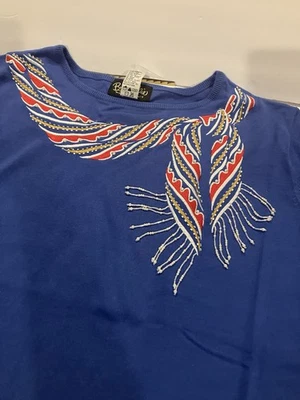 Quacker Factory 3X Embroidered Blue Sweater Of Scarf Design With Beads & Pearls - Image 1 of 4