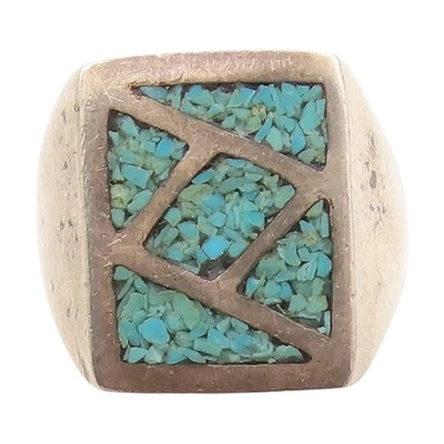 Anel vintage de prata esterlina 925 NAVAJO ZUNI turquesa esmagada tamanho 7,5 RG33719 - Imagem 1 de 4