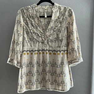 Fossil Gray Yellow Pintuck Blouse Top Lace Trim Silk Cotton Medium - Picture 1 of 9