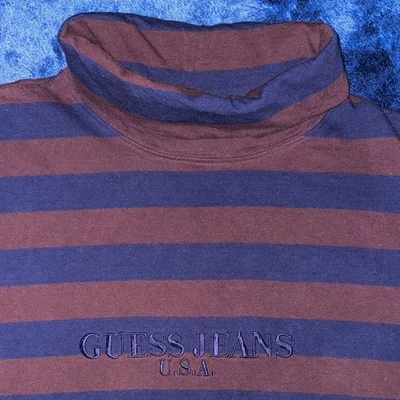 Vintage 80s 90s Original Guess Jeans USA Navy Blue & Brown Turtleneck T-Shirt - Image 1 of 3