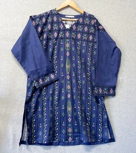 Khaadi Dress Womens 14 Blue Floral Beaded Kameez Kurti Embroidered Folk Art NWT - Picture 1 of 12